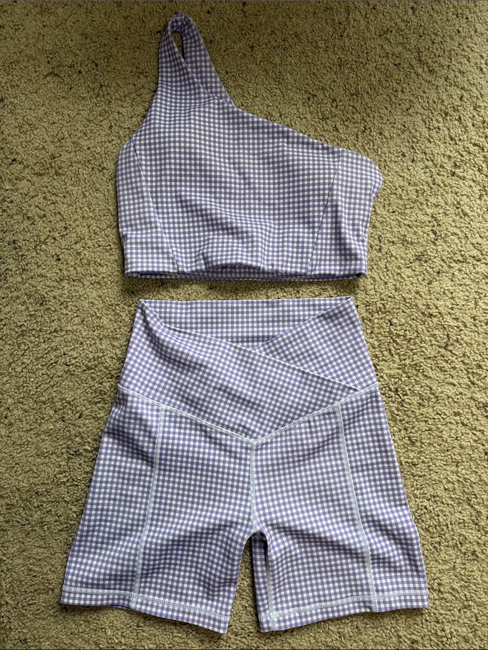 Wilo One-Shoulder Lavender Gingham High-Waist Bike Shorts Set